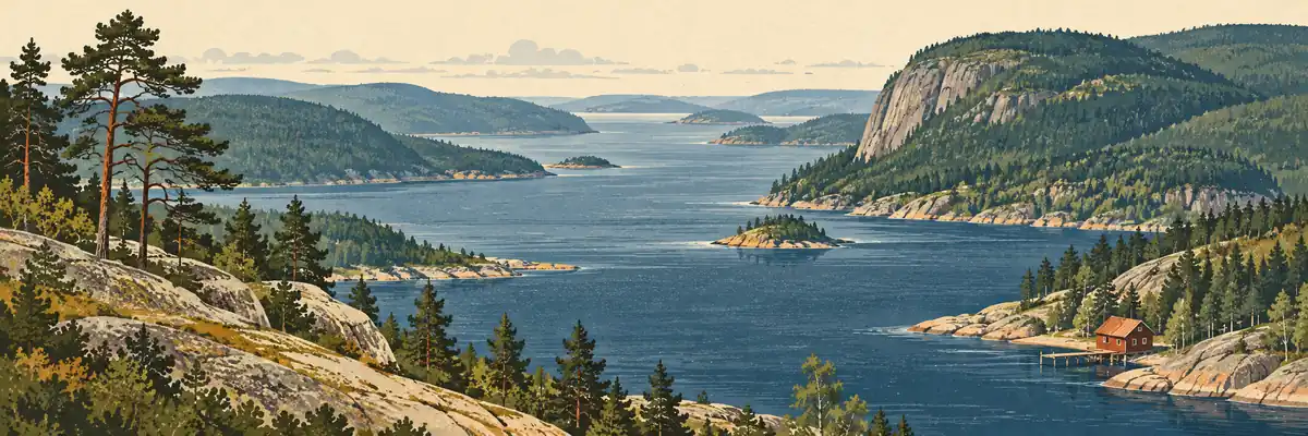 Illustration inspirerad av Ångermanland med skogklädda kustberg och en havsvik.