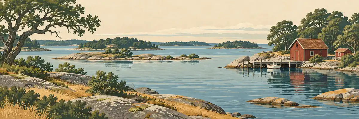 Illustration inspirerad av Blekinge med lövskog, skärgårdsöar och en röd sjöbod.