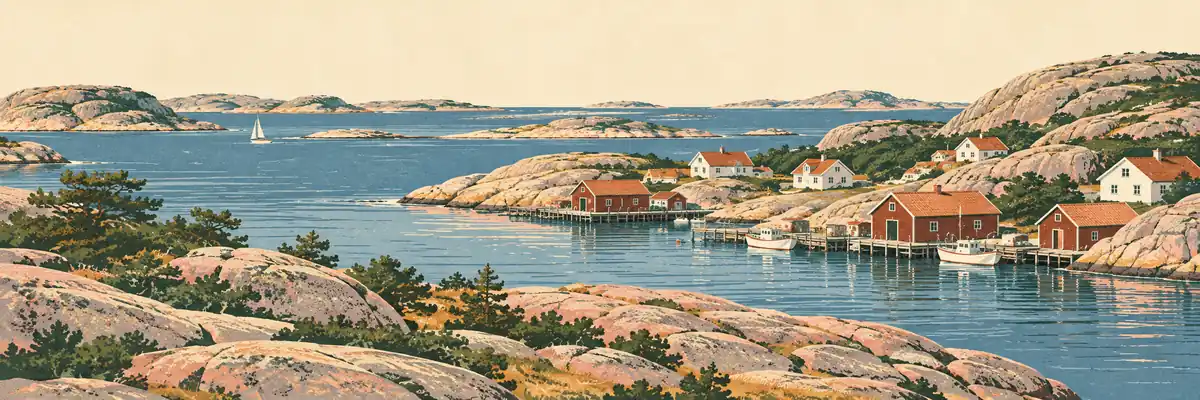 Illustration inspirerad av Bohuslän med granitklippor, kustbebyggelse och hav.