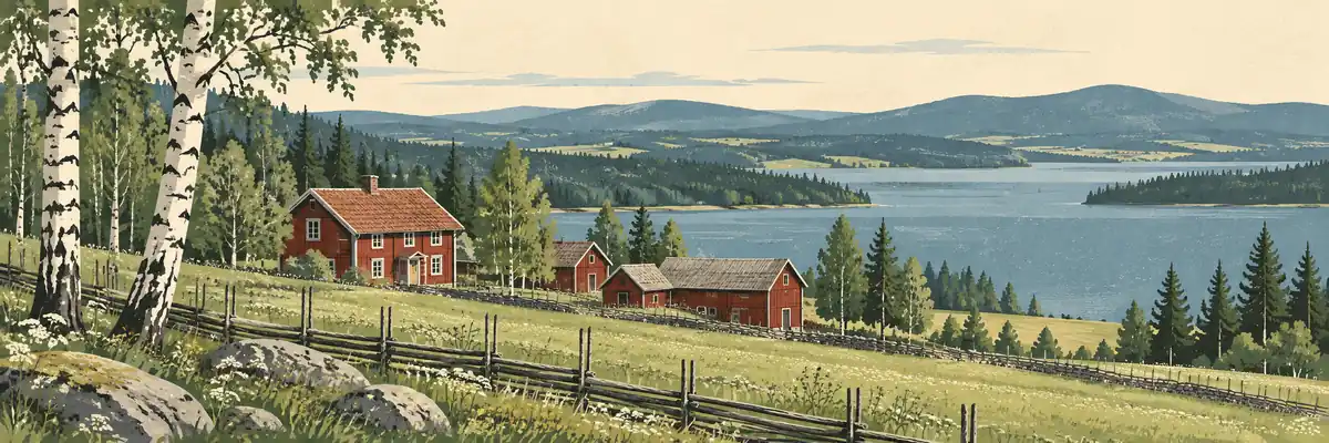 Illustration inspirerad av Dalarna med röda timmerhus, björkar och en sjö.