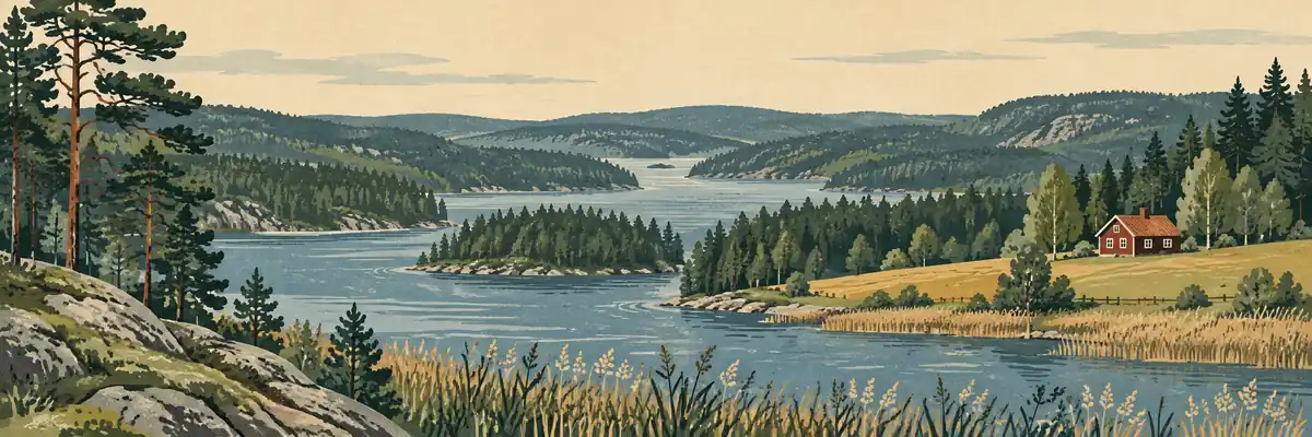 Illustration inspirerad av Dalsland med en långsmal sjö mellan skogklädda höjder.