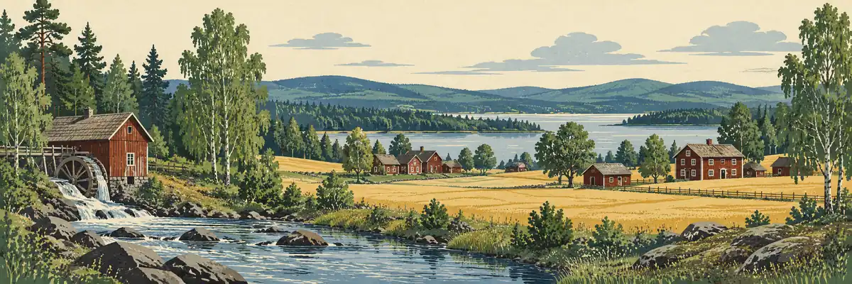 Illustration inspirerad av Gästrikland och Hälsingland med gårdar, odlingsbygd och skog.