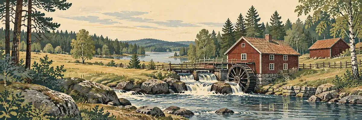 Illustration inspirerad av Gästrikland med en äldre kvarnmiljö, vattendrag och skog.