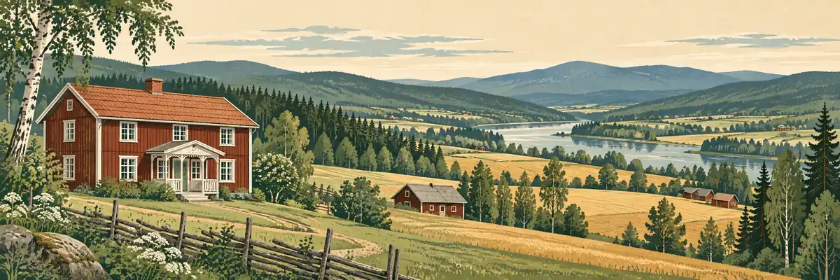 Illustration inspirerad av Hälsingland med en stor timmergård och en odlad älvdal.