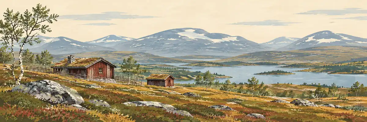 Illustration inspirerad av Härjedalen med fjällhed, björkar och små timmerstugor.