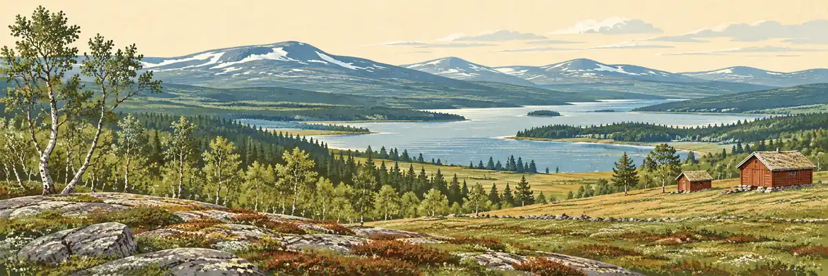 Illustration inspirerad av Jämtland och Härjedalen med sjö, fjäll och fäbodar.