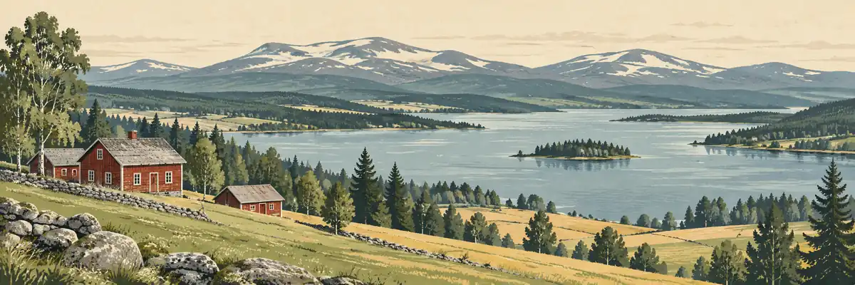 Illustration inspirerad av Jämtland med en vid sjö, jordbruksbygd och fjäll.