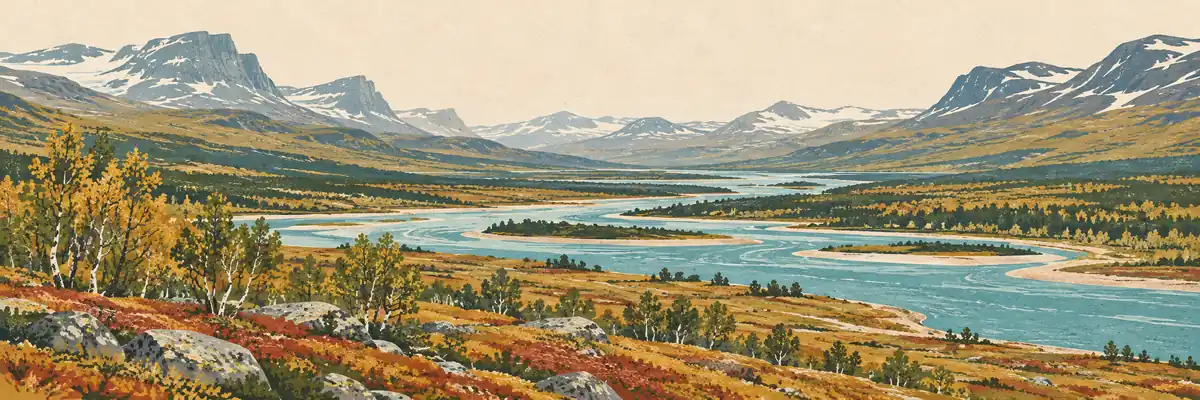 Illustration inspirerad av Lappland med en älv genom en vid fjälldal.