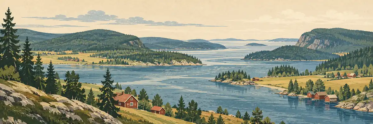Illustration inspirerad av Medelpad och Ångermanland med älvmynning och skogklädda kustberg.