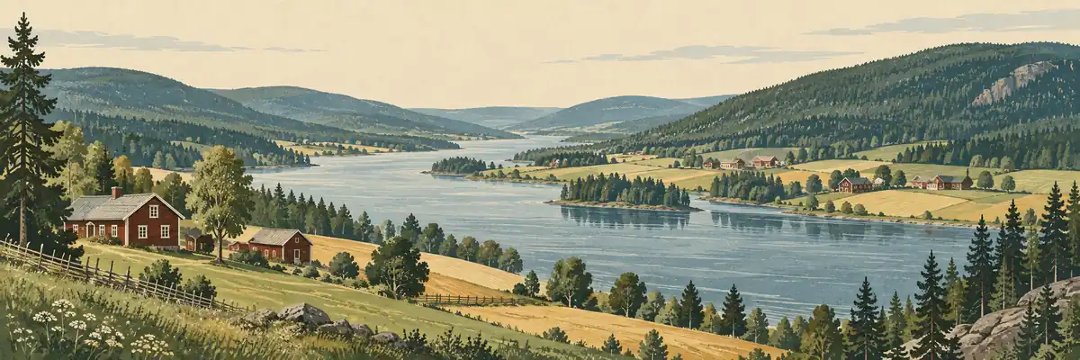 Illustration inspirerad av Medelpad med älvdal, odlingsmark och skogklädda höjder.