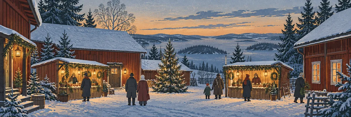 Illustration av en julmarknad med snö, marknadsbodar och lyktor vid röda gårdshus.