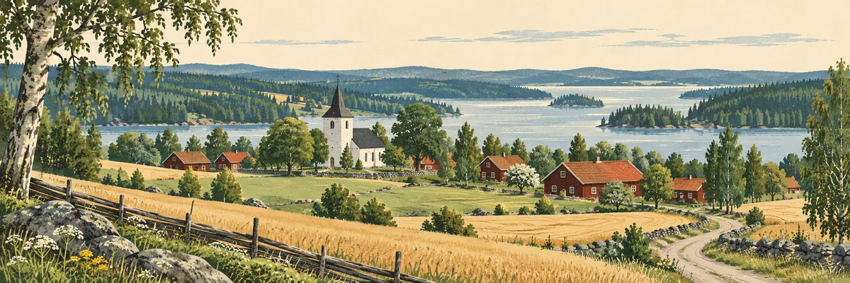 Illustration av svensk landsbygd med kyrka, röda gårdar, åkrar och sjö.